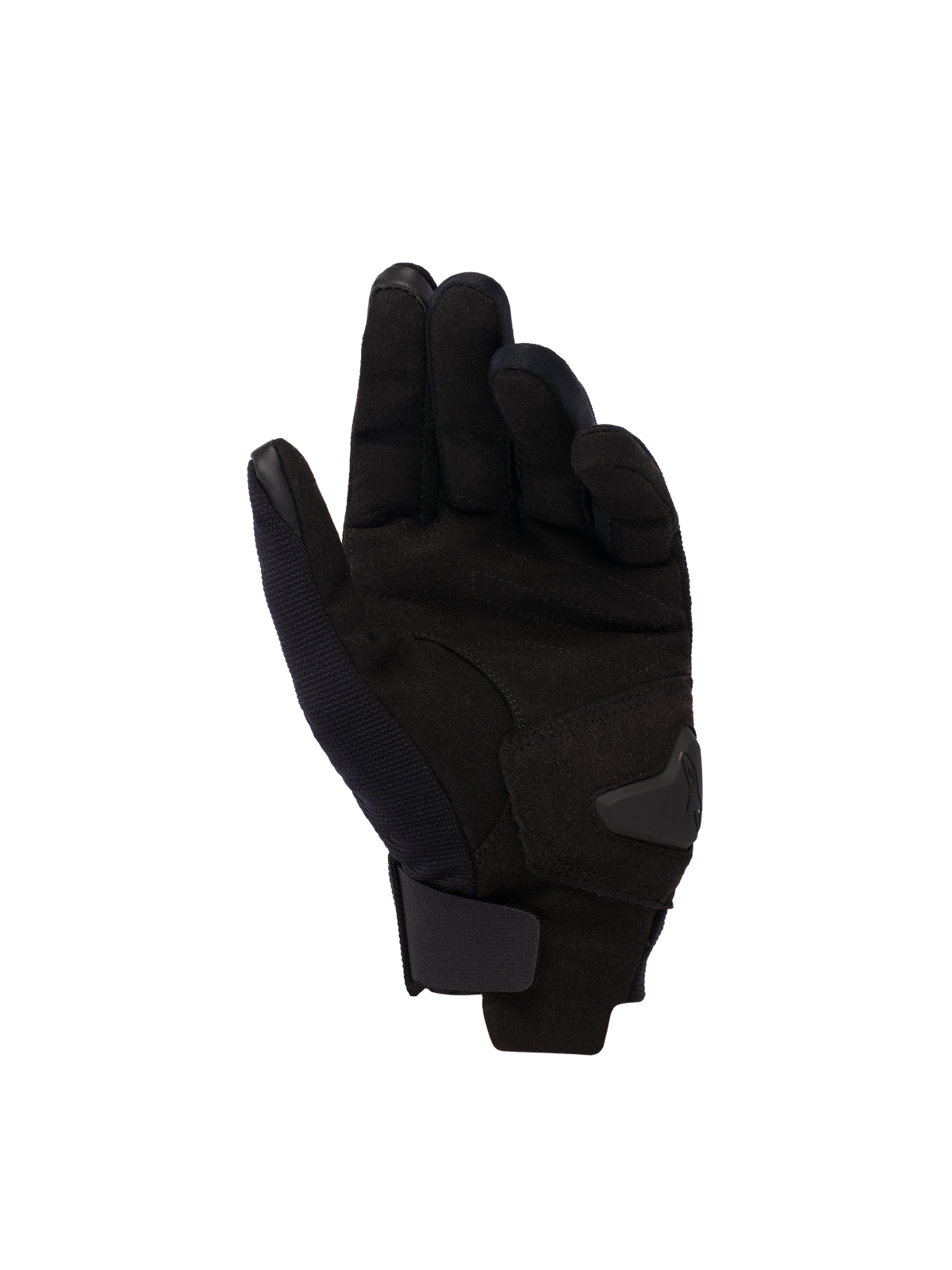 Alpinestars Reef Women's V2 Gloves, widok dłoni, Black Hawaiian Ocean, damskie rękawice motocyklowe z krótkim mankietem, dłoń z syntetycznego zamszu, opuszki palców kompatybilne z ekranami dotykowymi, regulowane zapięcie na rzep na nadgarstku.