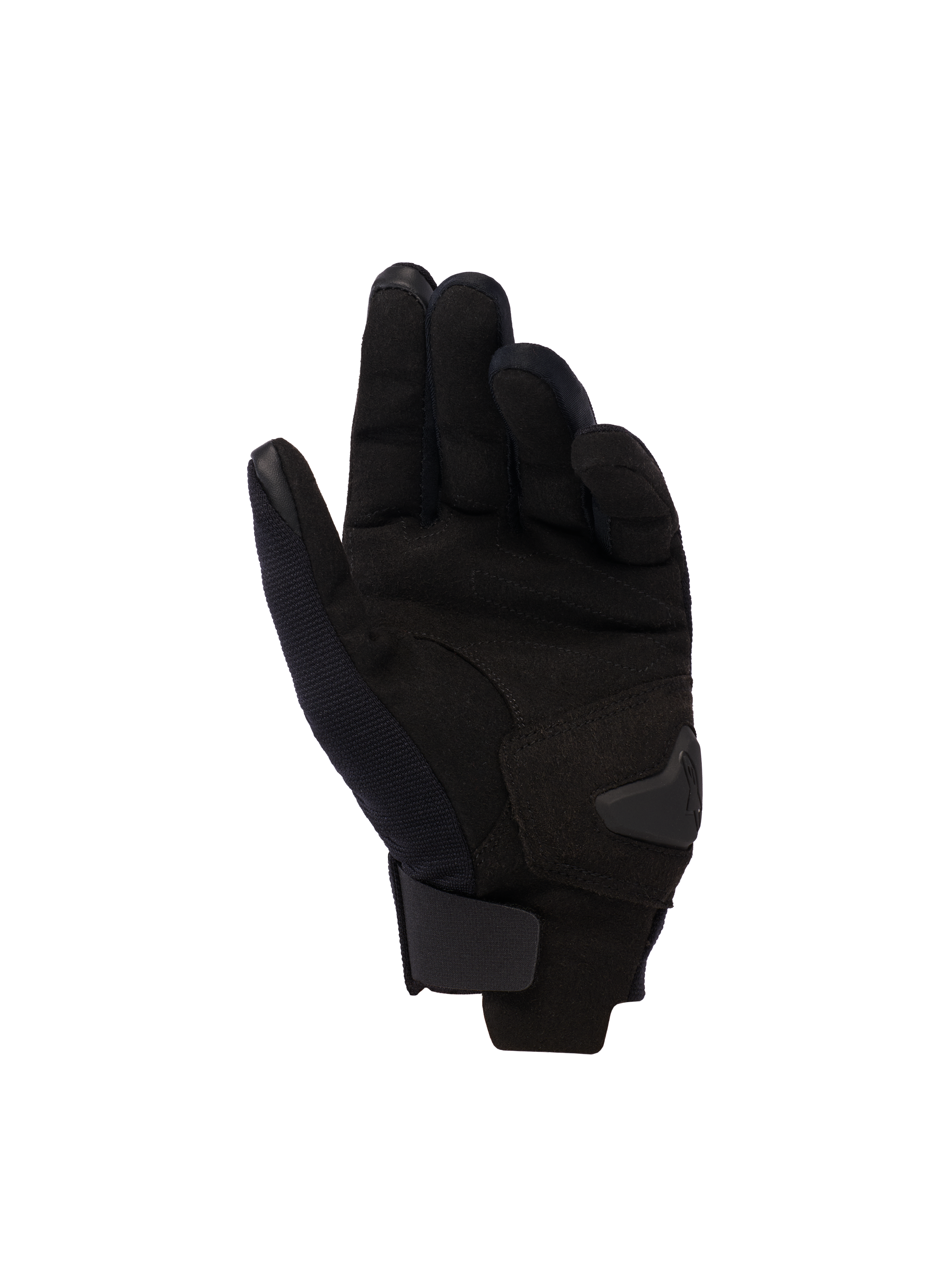 Alpinestars Reef Women's V2 Gloves, widok dłoni, Black Hawaiian Ocean, damskie rękawice motocyklowe z krótkim mankietem, dłoń z syntetycznego zamszu, opuszki palców kompatybilne z ekranami dotykowymi, regulowane zapięcie na rzep na nadgarstku.