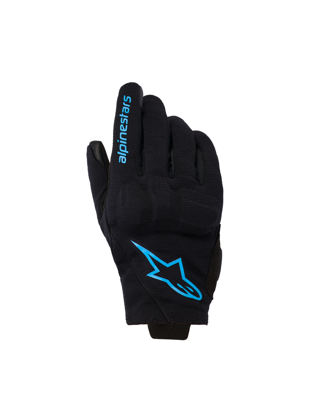 Alpinestars Reef Women's V2, damskie rękawice motocyklowe z krótkim mankietem, czarne z jaskrawoniebieskim brandingiem Hawaiian Ocean, logo na wierzchu dłoni i napis na palcu, miejski styl jazdy