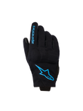 Alpinestars Reef Women's V2, damskie rękawice motocyklowe z krótkim mankietem, czarne z jaskrawoniebieskim brandingiem Hawaiian Ocean, logo na wierzchu dłoni i napis na palcu, miejski styl jazdy