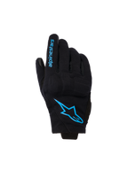 Alpinestars Reef Women's V2, damskie rękawice motocyklowe z krótkim mankietem, czarne z jaskrawoniebieskim brandingiem Hawaiian Ocean, logo na wierzchu dłoni i napis na palcu, miejski styl jazdy