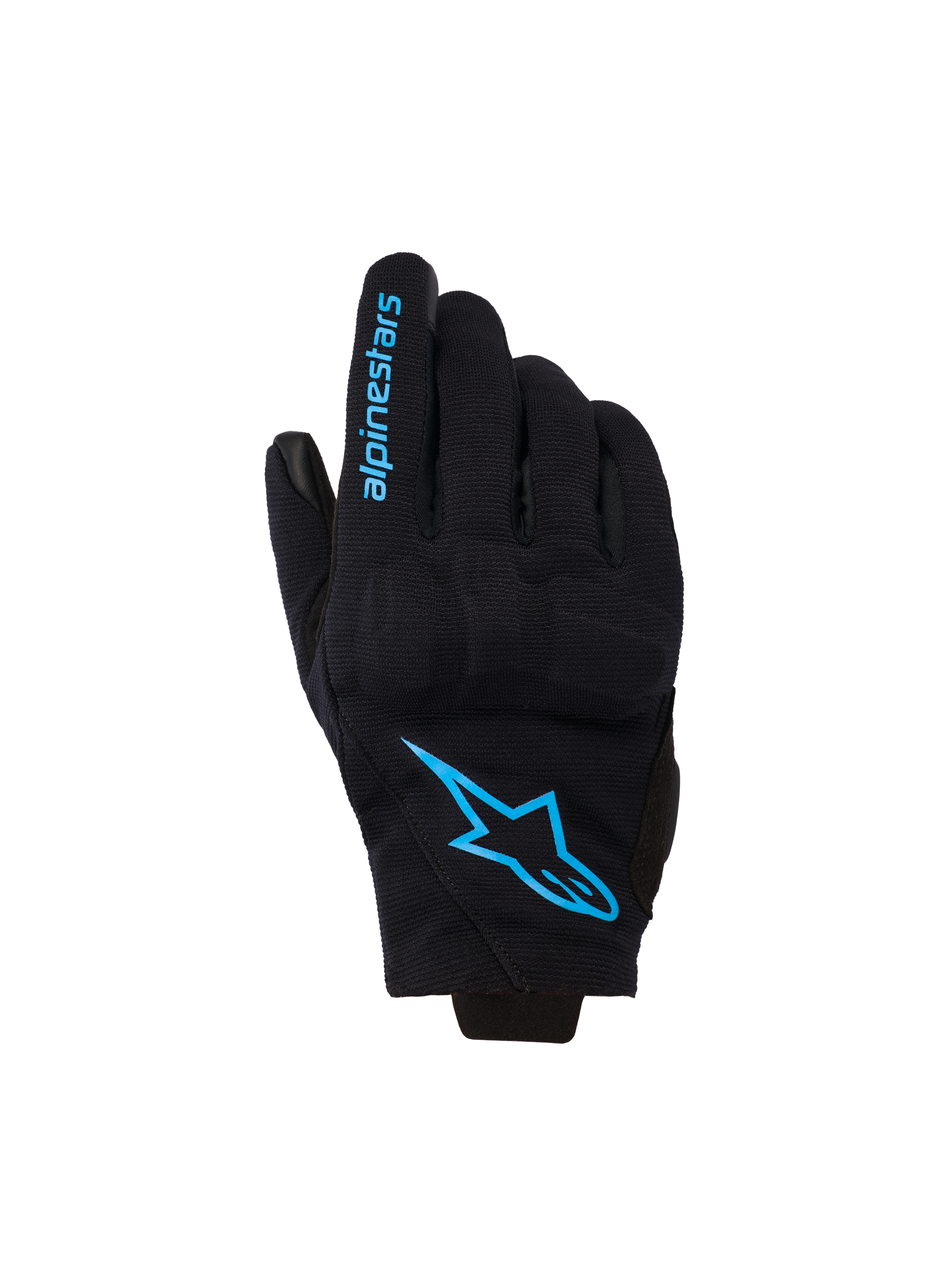 Alpinestars Reef Women's V2, damskie rękawice motocyklowe z krótkim mankietem, czarne z jaskrawoniebieskim brandingiem Hawaiian Ocean, logo na wierzchu dłoni i napis na palcu, miejski styl jazdy