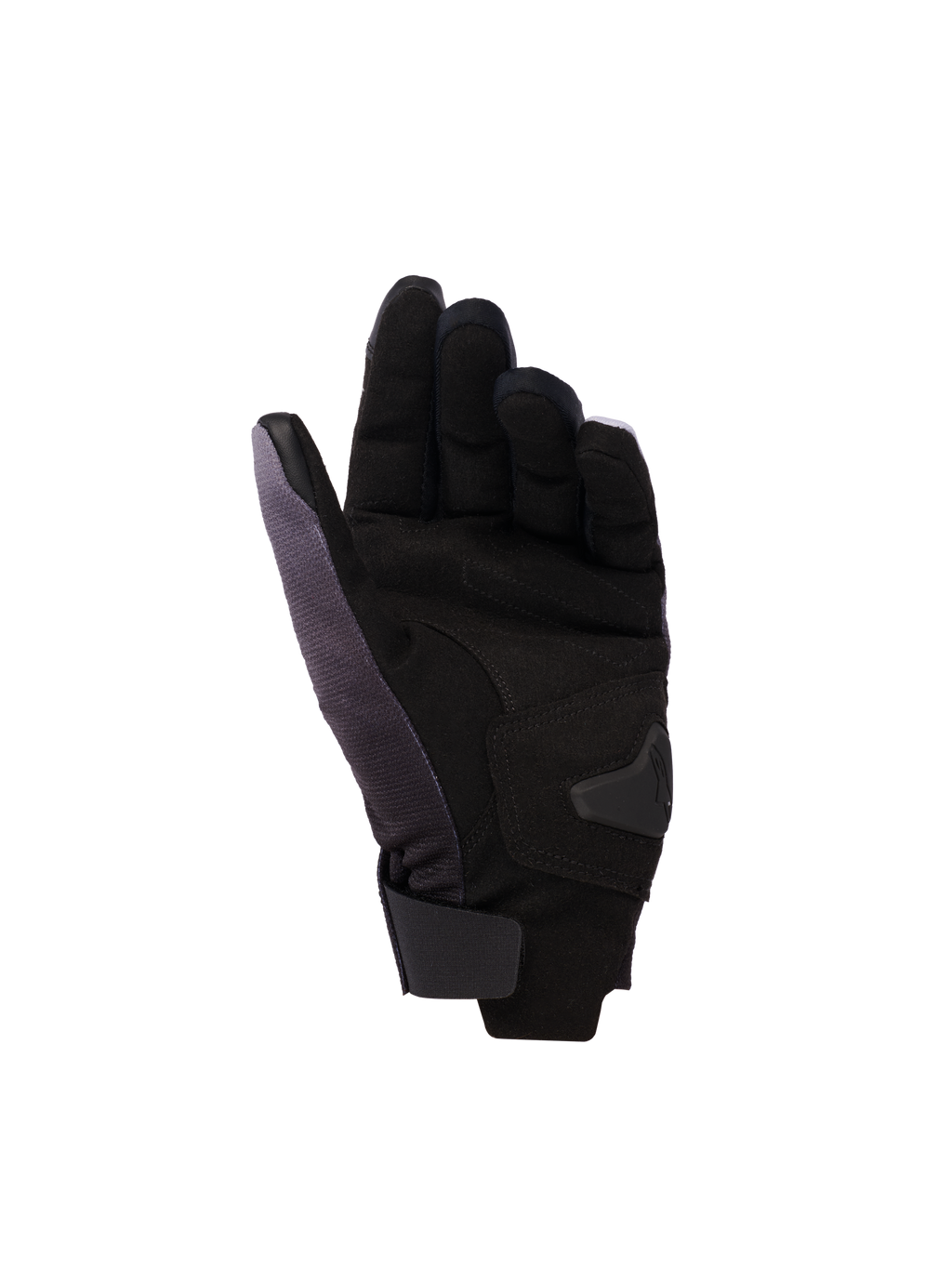 Alpinestars Reef Women's v2 Gloves, damskie rękawice motocyklowe, szaro-czarno-neonowo różowe, widok od strony dłoni z syntetycznym zamszem i wyściełanymi wzmocnieniami, krótki mankiet z zapięciem na rzep oraz przewodząca skóra na palcu wskazującym i kciuku do obsługi ekranów dotykowych