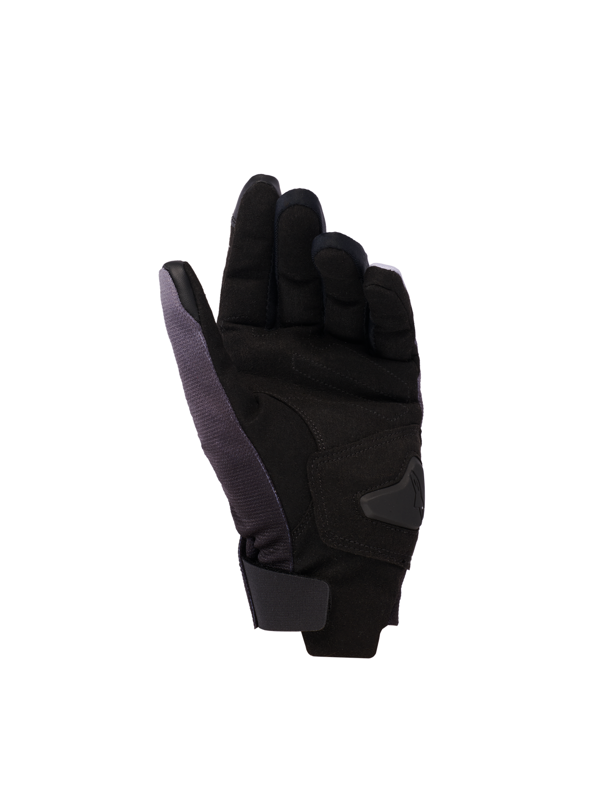 Alpinestars Reef Women's v2 Gloves, damskie rękawice motocyklowe, szaro-czarno-neonowo różowe, widok od strony dłoni z syntetycznym zamszem i wyściełanymi wzmocnieniami, krótki mankiet z zapięciem na rzep oraz przewodząca skóra na palcu wskazującym i kciuku do obsługi ekranów dotykowych