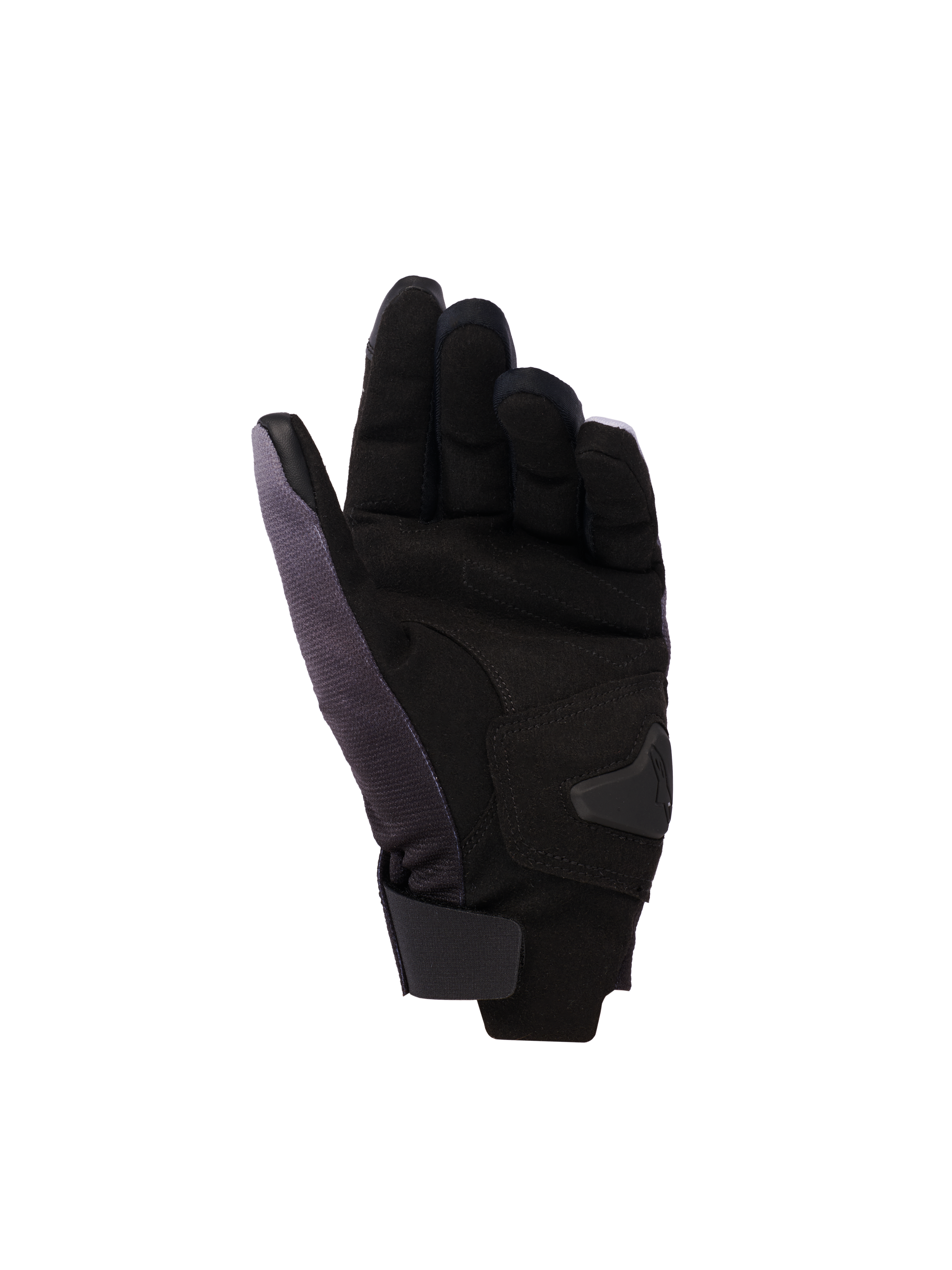 Alpinestars Reef Women's v2 Gloves, damskie rękawice motocyklowe, szaro-czarno-neonowo różowe, widok od strony dłoni z syntetycznym zamszem i wyściełanymi wzmocnieniami, krótki mankiet z zapięciem na rzep oraz przewodząca skóra na palcu wskazującym i kciuku do obsługi ekranów dotykowych