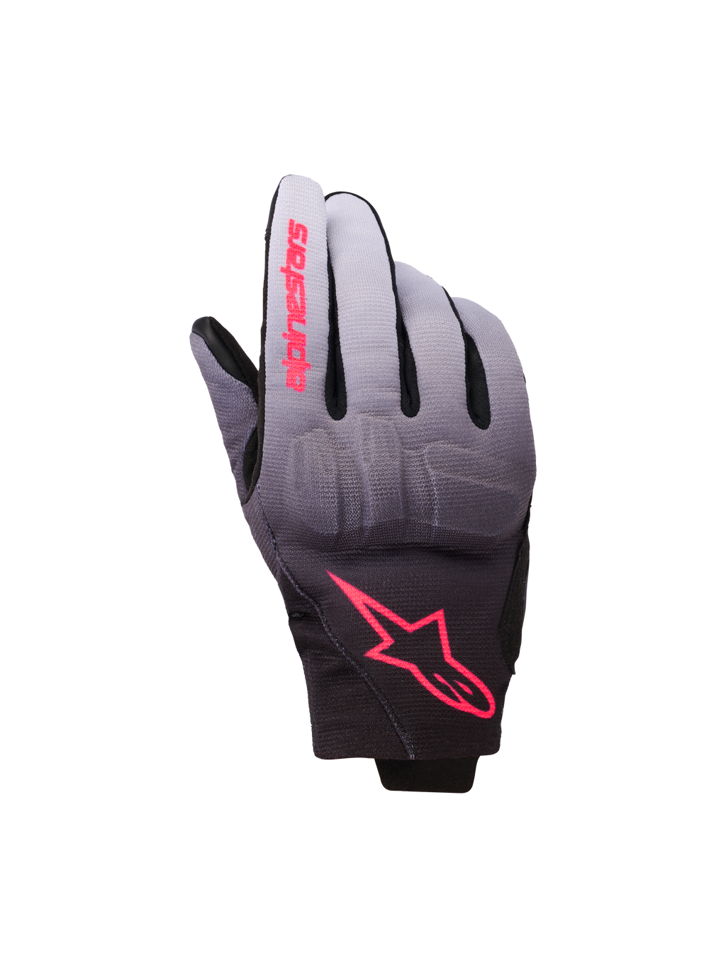 Alpinestars Reef Women's V2 Gloves, damskie rękawice motocyklowe, szaro-czarne z różowymi akcentami fluo, tekstylny gradient od szarego do czarnego z różowym logo, zintegrowana ochrona kostek i krótki mankiet, nowoczesna miejska odzież motocyklowa dla kobiet