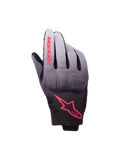 Alpinestars Reef Women's V2 Gloves, damskie rękawice motocyklowe, szaro-czarne z różowymi akcentami fluo, tekstylny gradient od szarego do czarnego z różowym logo, zintegrowana ochrona kostek i krótki mankiet, nowoczesna miejska odzież motocyklowa dla kobiet
