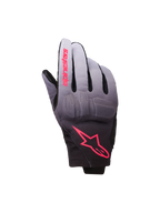 Alpinestars Reef Women's V2 Gloves, damskie rękawice motocyklowe, szaro-czarne z różowymi akcentami fluo, tekstylny gradient od szarego do czarnego z różowym logo, zintegrowana ochrona kostek i krótki mankiet, nowoczesna miejska odzież motocyklowa dla kobiet