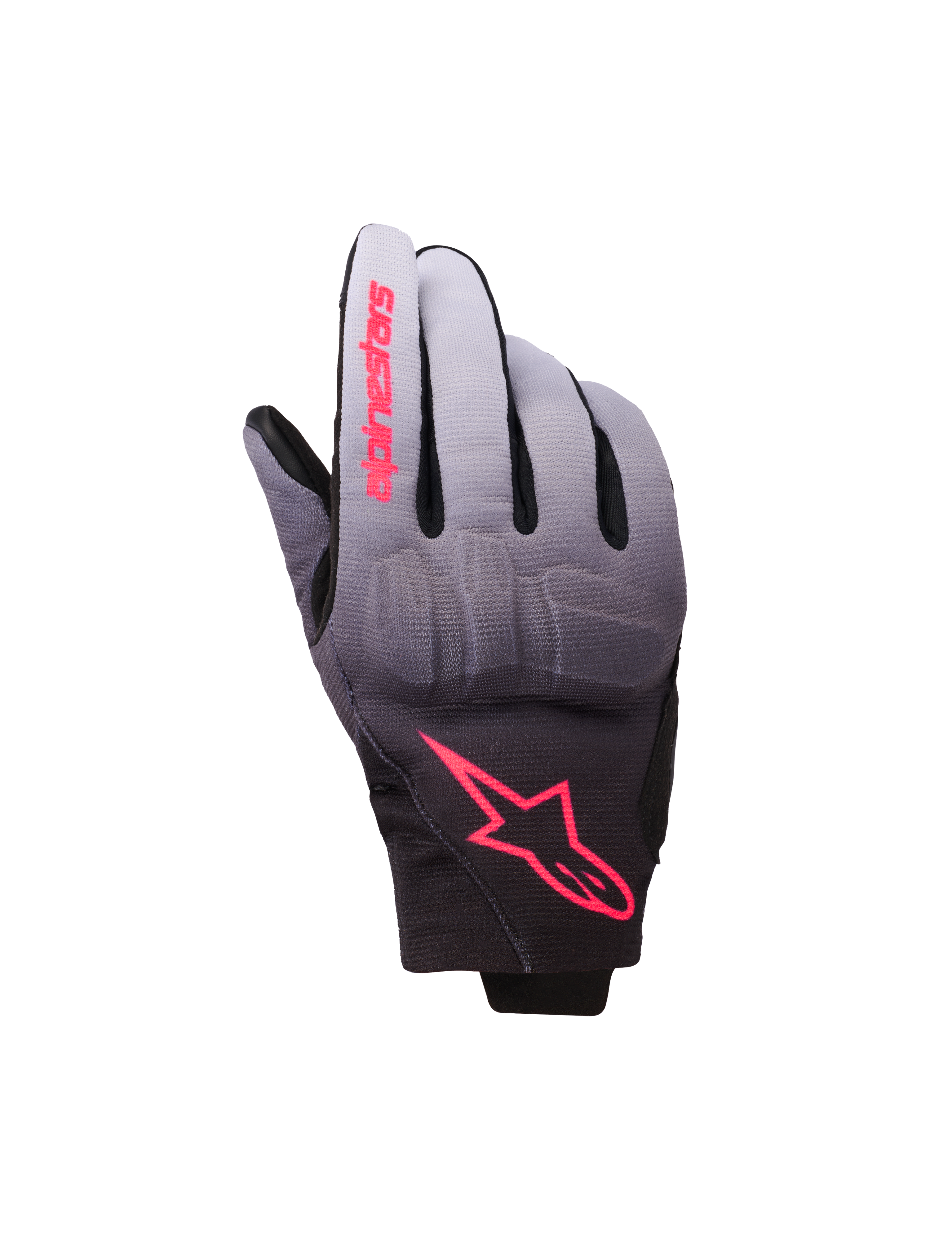 Alpinestars Reef Women's V2 Gloves, damskie rękawice motocyklowe, szaro-czarne z różowymi akcentami fluo, tekstylny gradient od szarego do czarnego z różowym logo, zintegrowana ochrona kostek i krótki mankiet, nowoczesna miejska odzież motocyklowa dla kobiet