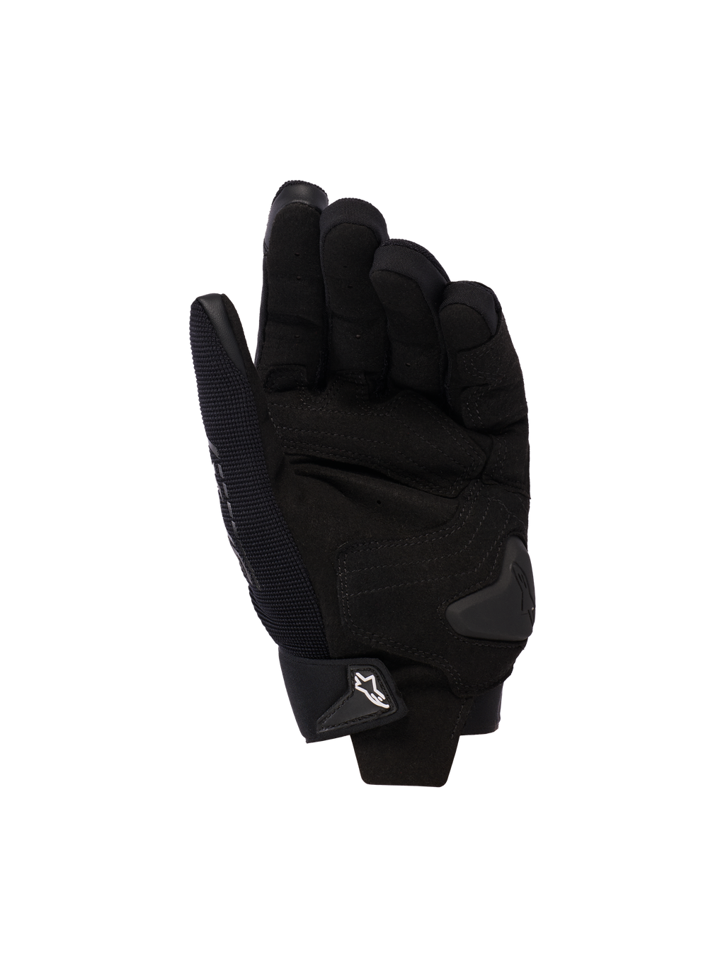 Damskie rękawice motocyklowe Alpinestars Stella SP X 3, czarne, widok dłoni ze wzmocnieniami ze skóry syntetycznej, ślizgaczem dłoni TPU i regulowanym zapięciem na nadgarstku z białym logo