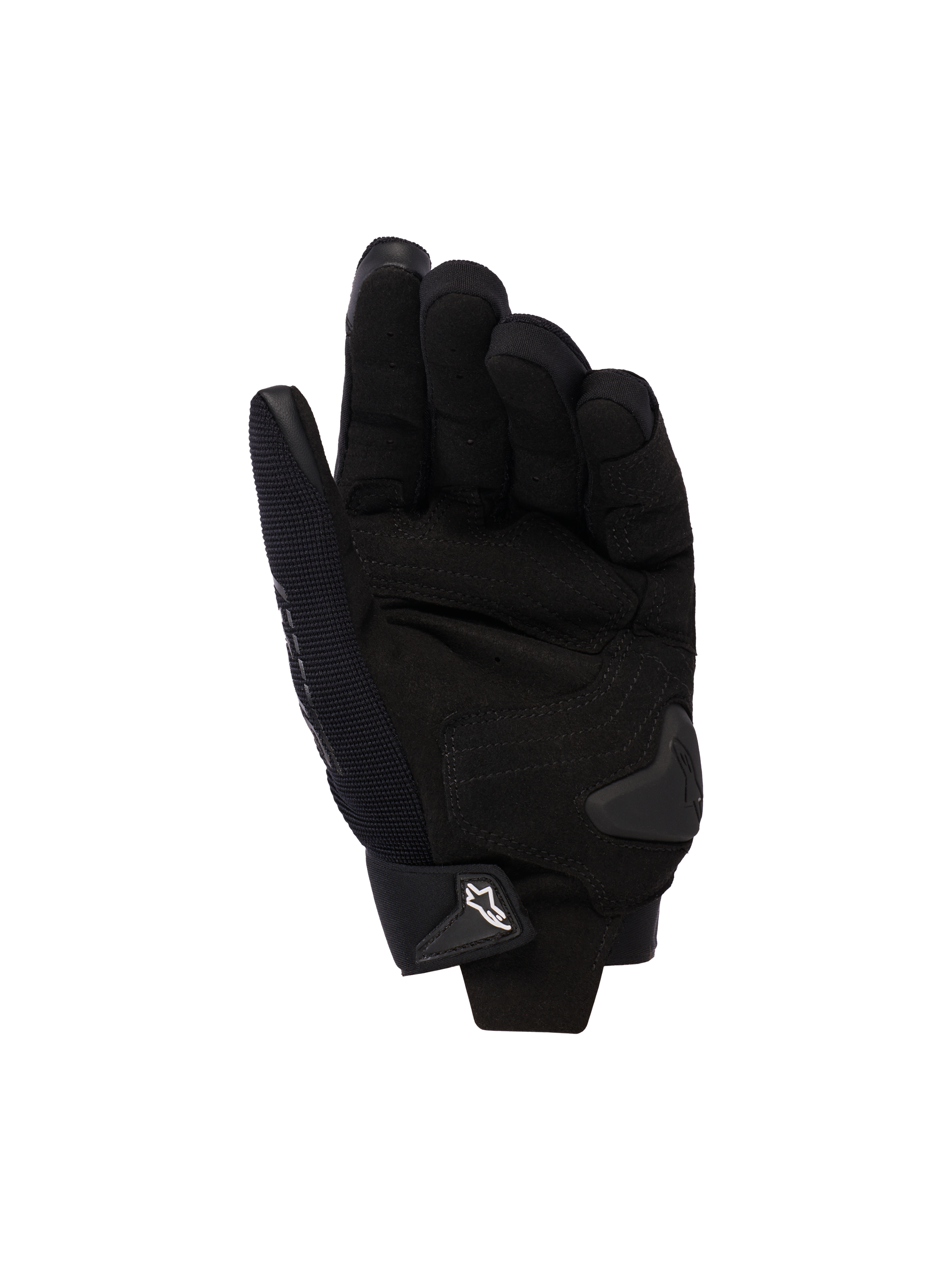 Damskie rękawice motocyklowe Alpinestars Stella SP X 3, czarne, widok dłoni ze wzmocnieniami ze skóry syntetycznej, ślizgaczem dłoni TPU i regulowanym zapięciem na nadgarstku z białym logo