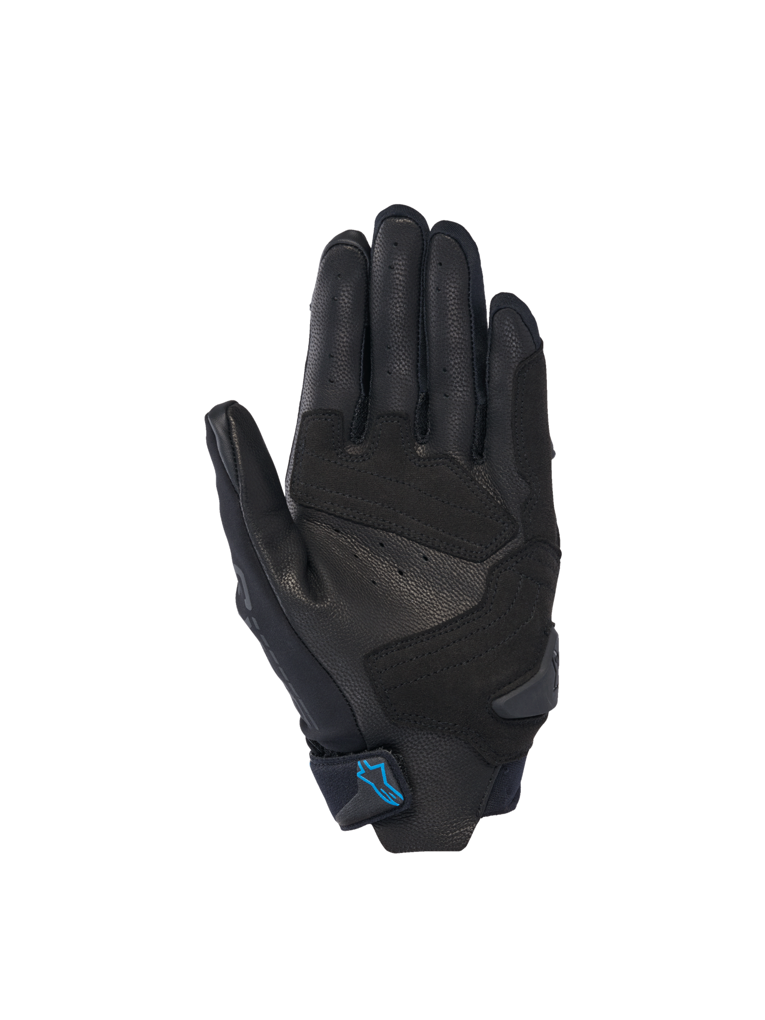 Alpinestars Stella SP X 3, czarne damskie rękawice motocyklowe, perforowana skórzana dłoń i niebieskie logo na nadgarstku.