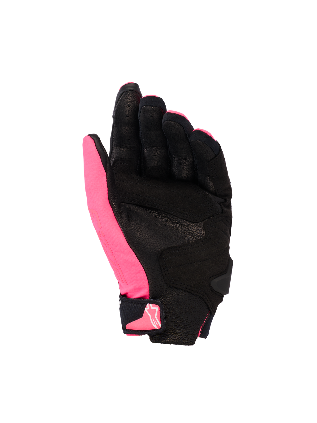 Rękawice Alpinestars Stella SP X 3, damskie rękawice motocyklowe, różowo-czarno-białe, widok od strony dłoni prezentujący perforowaną skórę i syntetyczne nakładki, czarna dłoń z różowym kciukiem, zapięcie na rzep na nadgarstku z różowym logo, ergonomiczny sportowy design