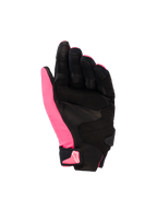 Rękawice Alpinestars Stella SP X 3, damskie rękawice motocyklowe, różowo-czarno-białe, widok od strony dłoni prezentujący perforowaną skórę i syntetyczne nakładki, czarna dłoń z różowym kciukiem, zapięcie na rzep na nadgarstku z różowym logo, ergonomiczny sportowy design