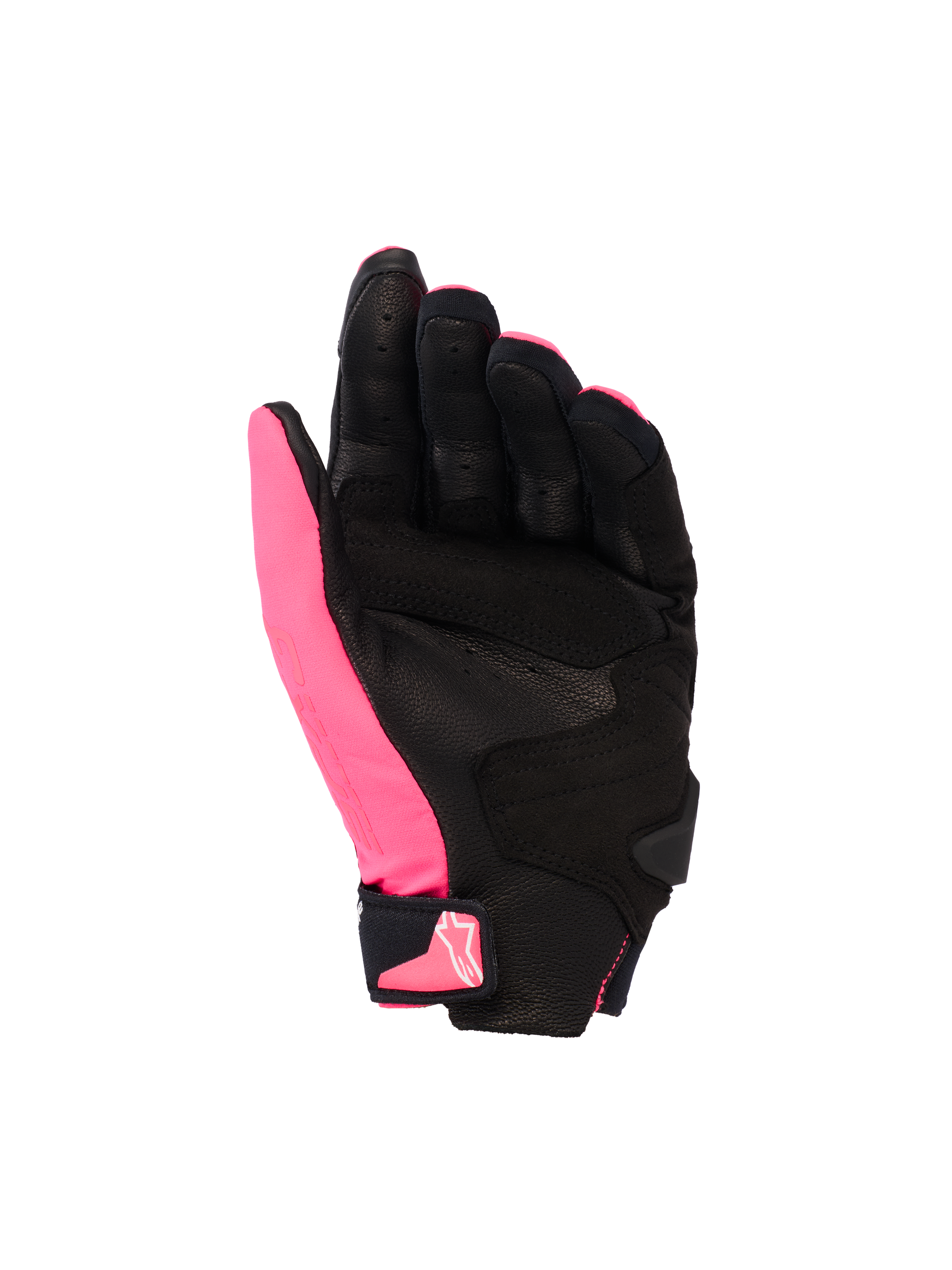 Rękawice Alpinestars Stella SP X 3, damskie rękawice motocyklowe, różowo-czarno-białe, widok od strony dłoni prezentujący perforowaną skórę i syntetyczne nakładki, czarna dłoń z różowym kciukiem, zapięcie na rzep na nadgarstku z różowym logo, ergonomiczny sportowy design