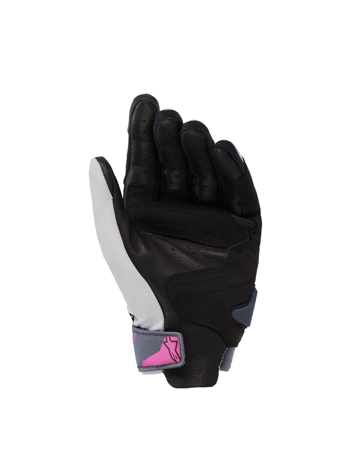 Rękawice Alpinestars Stella SP X 3, damskie rękawice motocyklowe, widok wnętrza dłoni, kolor Mid Gray Asphalt Black z różowym logo na pasku na nadgarstku, perforowana skórzana dłoń zapewniająca przyczepność i wentylację, sportowy design do jazdy szosowej