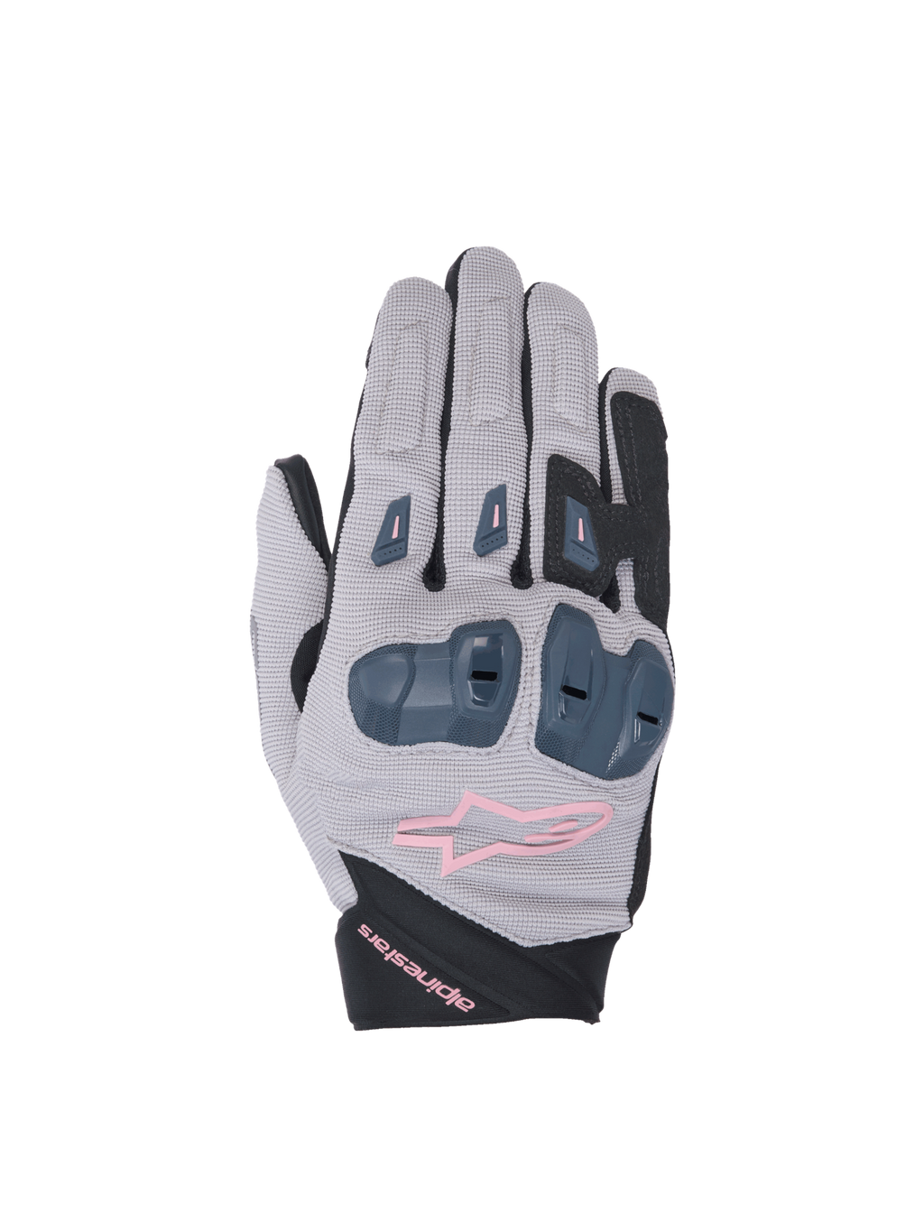 Alpinestars Stella SP X 1 women's motorcycle racing gloves in gray and black with pink accents and TPR knuckle protection.