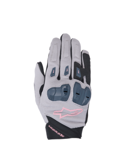 Alpinestars Stella SP X 1 women's motorcycle racing gloves in gray and black with pink accents and TPR knuckle protection.