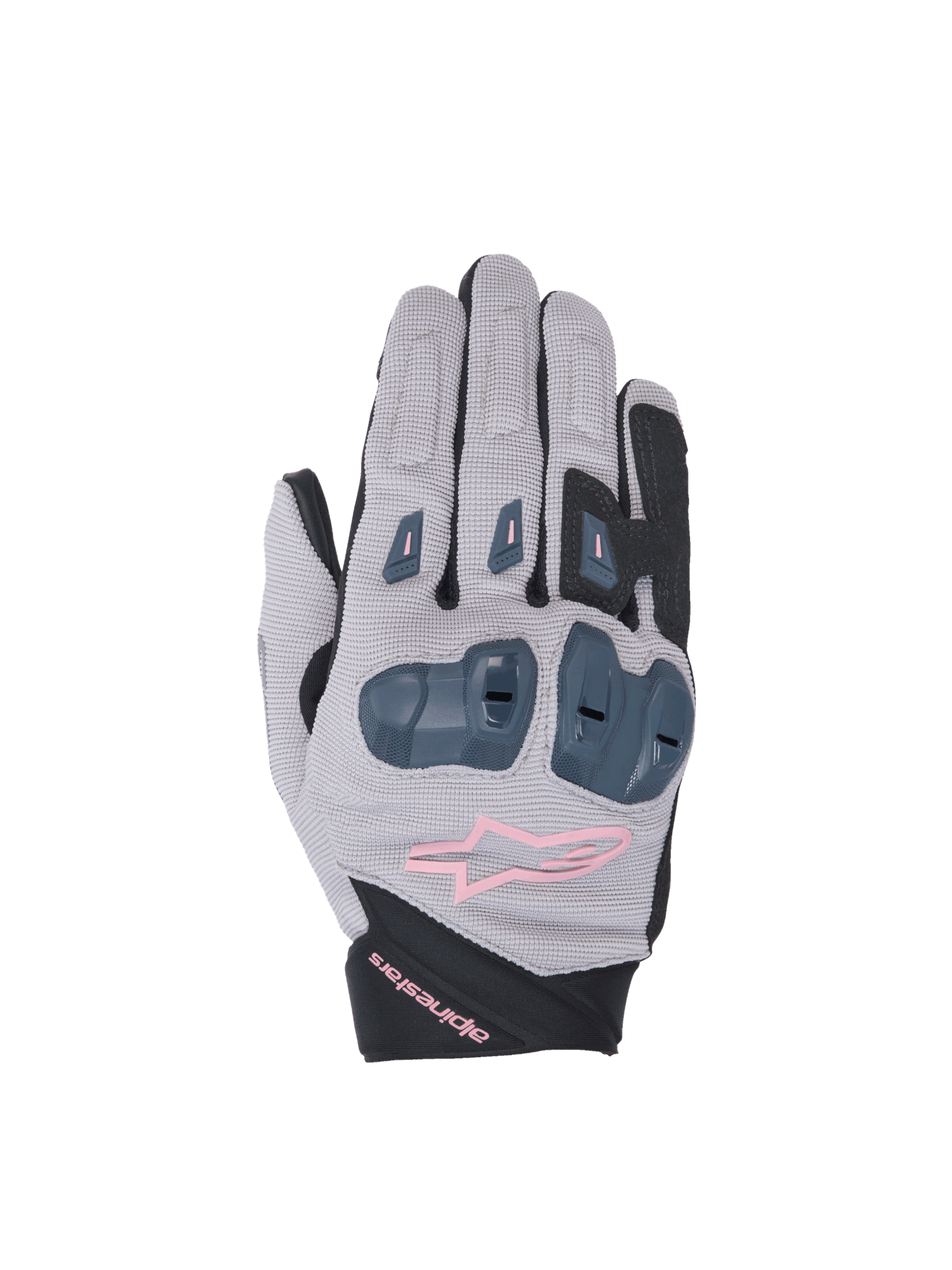 Alpinestars Stella SP X 1 women's motorcycle racing gloves in gray and black with pink accents and TPR knuckle protection.