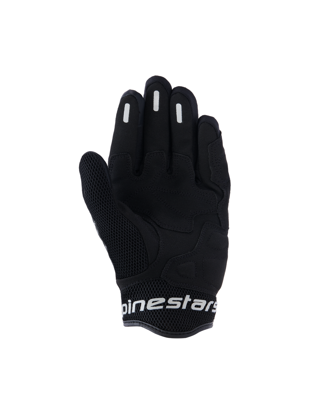 Rękawice Alpinestars Stella Mogress Airflow, damskie miejskie rękawice motocyklowe, czarne, widok od strony dłoni z syntetycznym wzmocnieniem, oddychająca siatka 3D na kciuku i mankiecie, białe logo Alpinestars na krótkim mankiecie.