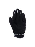 Rękawice Alpinestars Stella Mogress Airflow, damskie miejskie rękawice motocyklowe, czarne, widok od strony dłoni z syntetycznym wzmocnieniem, oddychająca siatka 3D na kciuku i mankiecie, białe logo Alpinestars na krótkim mankiecie.