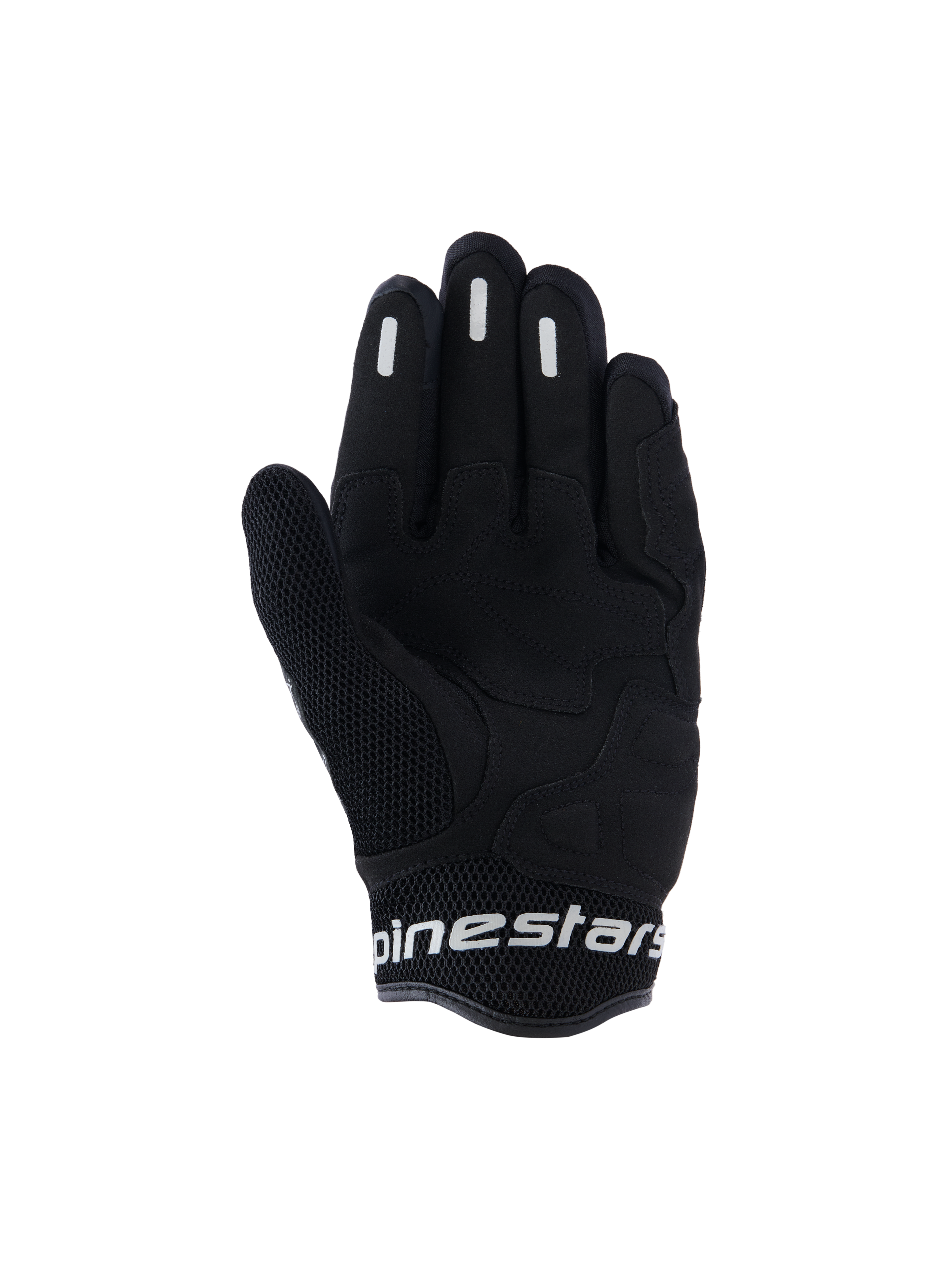 Rękawice Alpinestars Stella Mogress Airflow, damskie miejskie rękawice motocyklowe, czarne, widok od strony dłoni z syntetycznym wzmocnieniem, oddychająca siatka 3D na kciuku i mankiecie, białe logo Alpinestars na krótkim mankiecie.