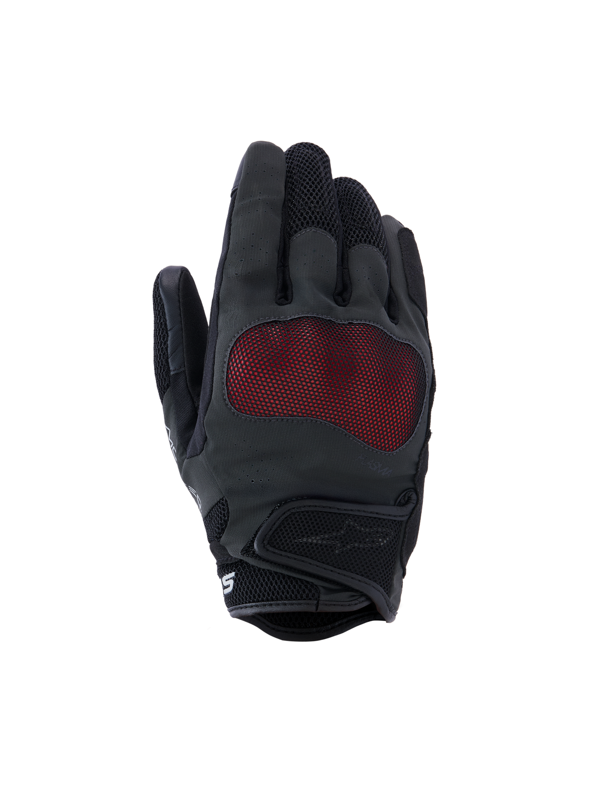 Rękawice Alpinestars Stella Mogress Airflow, damskie rękawice motocyklowe, antracytowo-czarne z czerwonymi akcentami, ochrona kostek NUCLEON PLASMA z czerwoną siatką, laserowo perforowany grzbiet dłoni, wstawki z siatki 3D, krótki mankiet, oddychający design miejski