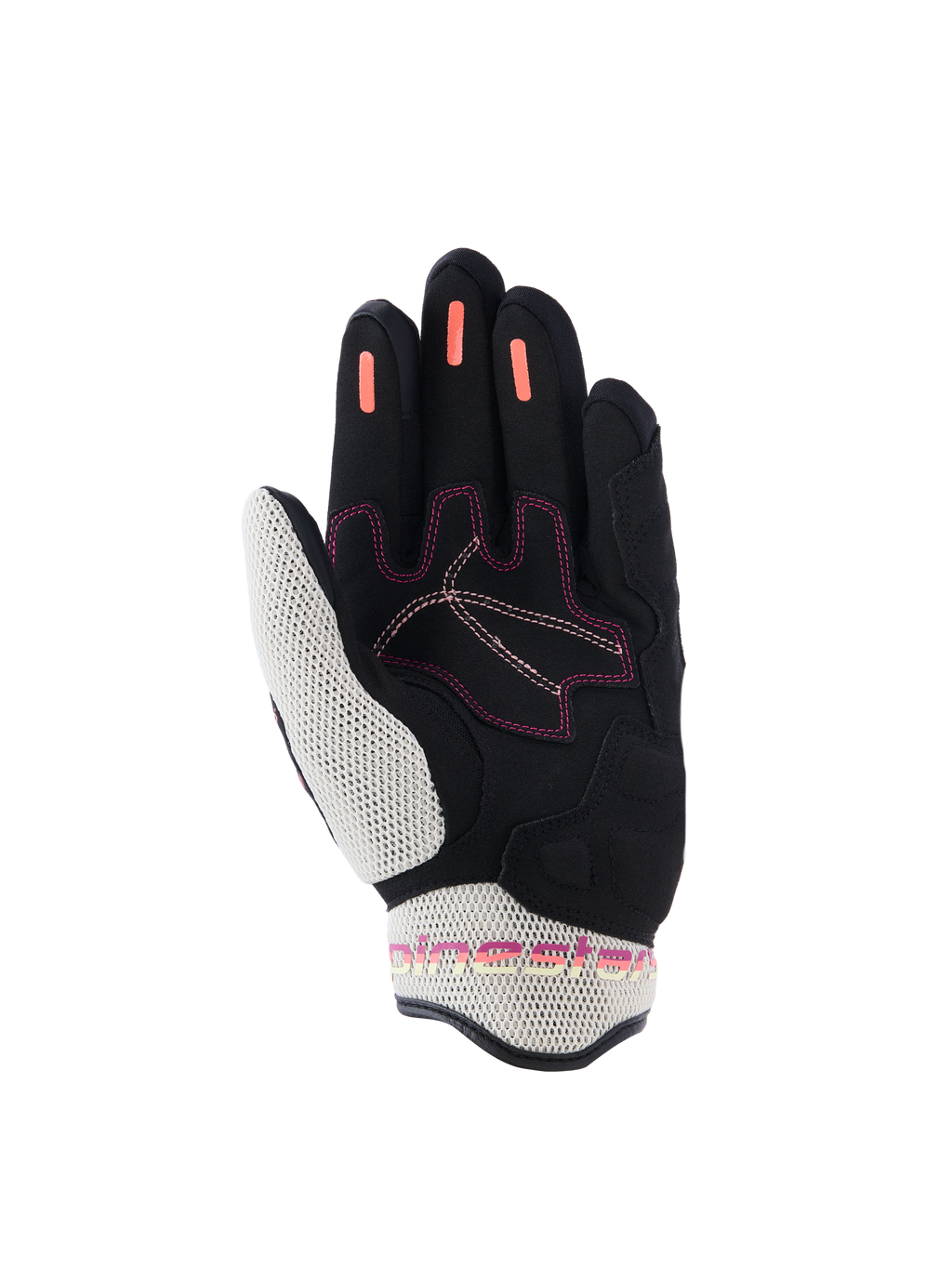 Alpinestars Stella Mogress Airflow Gloves, damskie rękawice motocyklowe, kolor Black Ecru Fading Coral, widok od strony dłoni ukazujący białą siatkę 3D na kciuku i mankiecie, koralowe silikonowe paski na palcach i różowe akcenty przeszyć