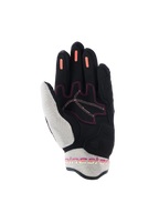 Alpinestars Stella Mogress Airflow Gloves, damskie rękawice motocyklowe, kolor Black Ecru Fading Coral, widok od strony dłoni ukazujący białą siatkę 3D na kciuku i mankiecie, koralowe silikonowe paski na palcach i różowe akcenty przeszyć