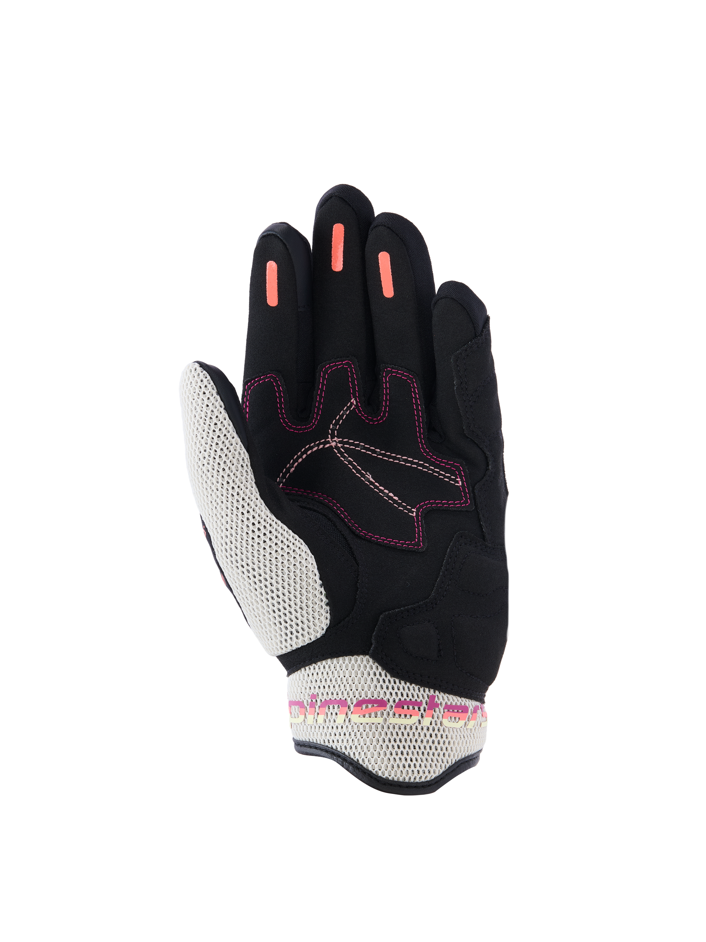 Alpinestars Stella Mogress Airflow Gloves, damskie rękawice motocyklowe, kolor Black Ecru Fading Coral, widok od strony dłoni ukazujący białą siatkę 3D na kciuku i mankiecie, koralowe silikonowe paski na palcach i różowe akcenty przeszyć
