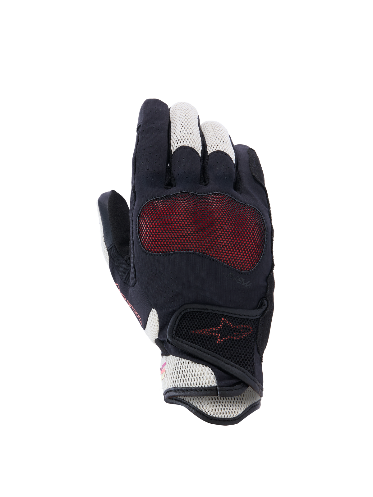 Alpinestars Stella Mogress Airflow Gloves, Women's Motorcycle Gloves, Black Ecru Fading Coral, backhand view featuring 3D mesh inserts, Nucleon Plasma knuckle protection, and a hook-and-loop wrist closure.