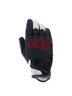 Alpinestars Stella Mogress Airflow Gloves, damskie rękawice motocyklowe, kolor czarny, ecru i koralowy, widok wierzchu dłoni, wstawki z siatki 3D, ochrona kostek Nucleon Plasma, zapięcie na rzep na nadgarstku.