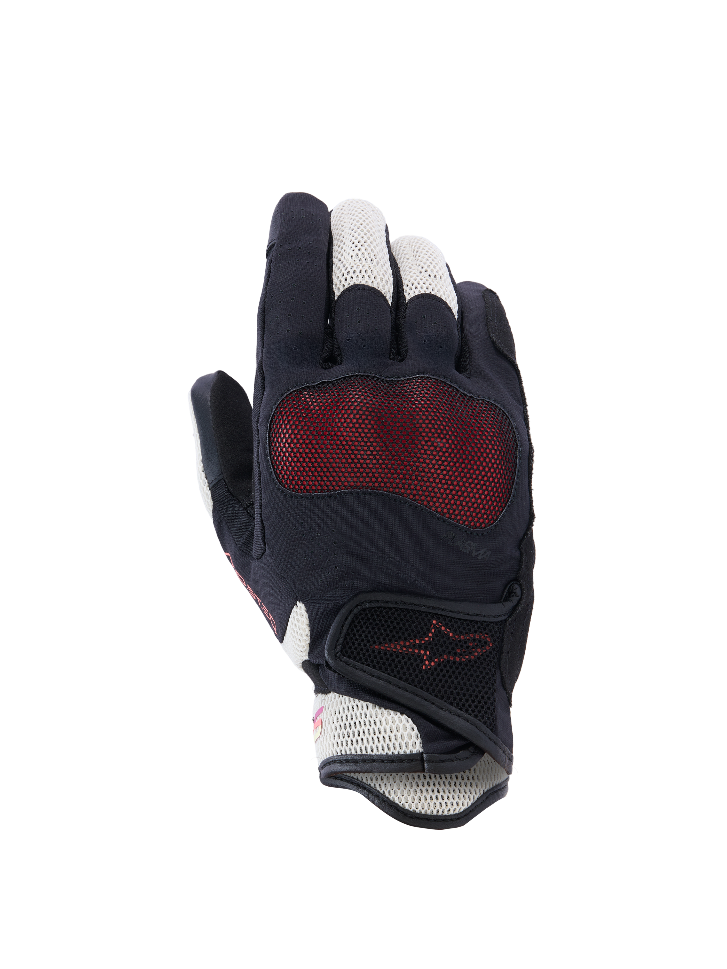 Alpinestars Stella Mogress Airflow Gloves, damskie rękawice motocyklowe, kolor czarny, ecru i koralowy, widok wierzchu dłoni, wstawki z siatki 3D, ochrona kostek Nucleon Plasma, zapięcie na rzep na nadgarstku.