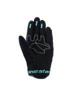 Rękawice Alpinestars Stella Mogress Airflow, damskie miejskie rękawice motocyklowe, czarne z turkusowymi akcentami Tropical Teal, widok od strony dłoni pokazujący syntetyczne wzmocnienia z białymi szwami, siateczkowy obszar kciuka oraz silikonowe wstawki antypoślizgowe na palcach.
