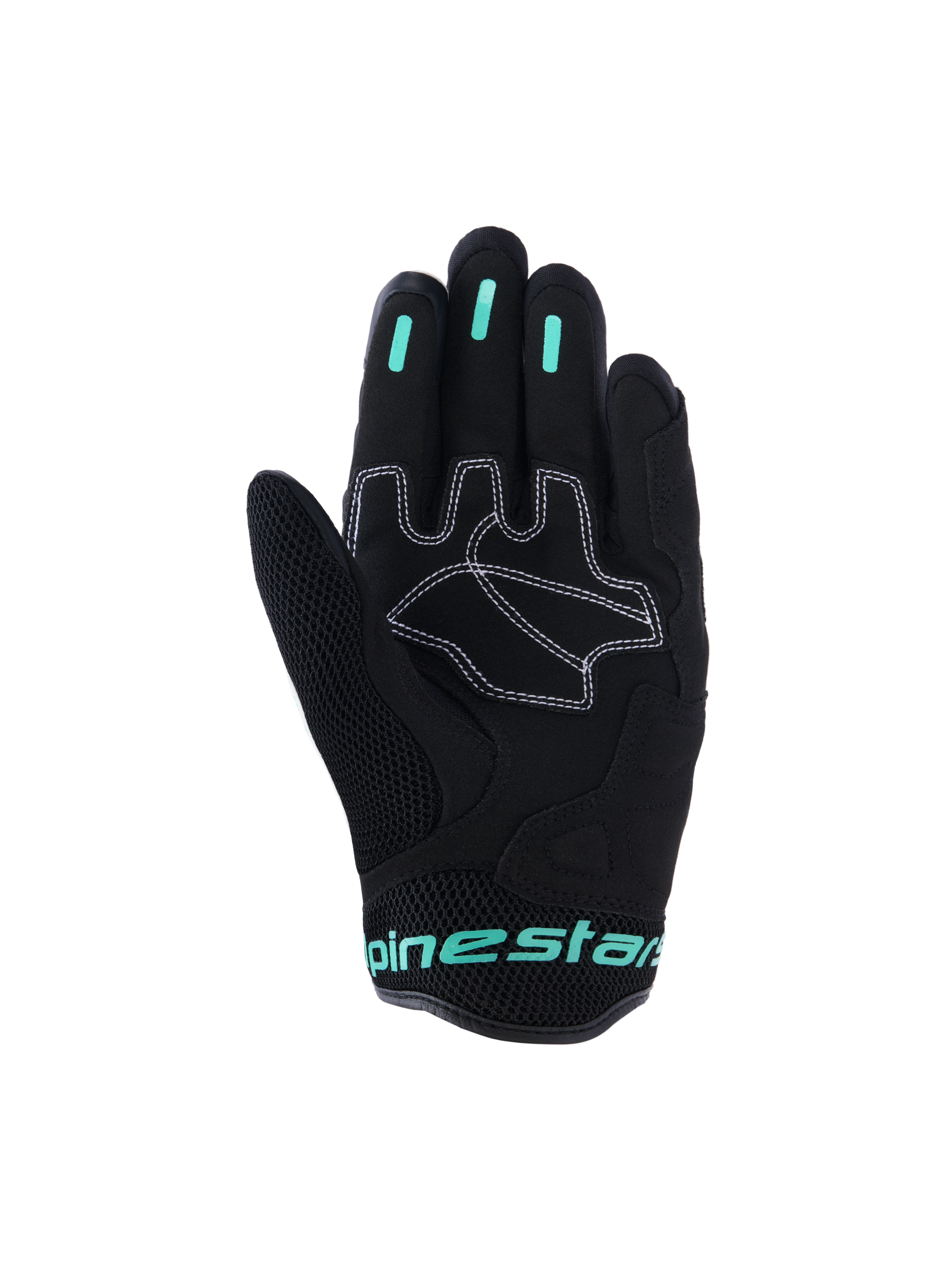 Rękawice Alpinestars Stella Mogress Airflow, damskie miejskie rękawice motocyklowe, czarne z turkusowymi akcentami Tropical Teal, widok od strony dłoni pokazujący syntetyczne wzmocnienia z białymi szwami, siateczkowy obszar kciuka oraz silikonowe wstawki antypoślizgowe na palcach.