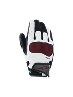 Alpinestars Stella Mogress Airflow, damskie rękawice motocyklowe, czarno-białe z czerwoną osłoną kostek, oddychająca konstrukcja z siatki 3D i perforacjami, technologia PLASMA, miejski design z krótkim mankietem