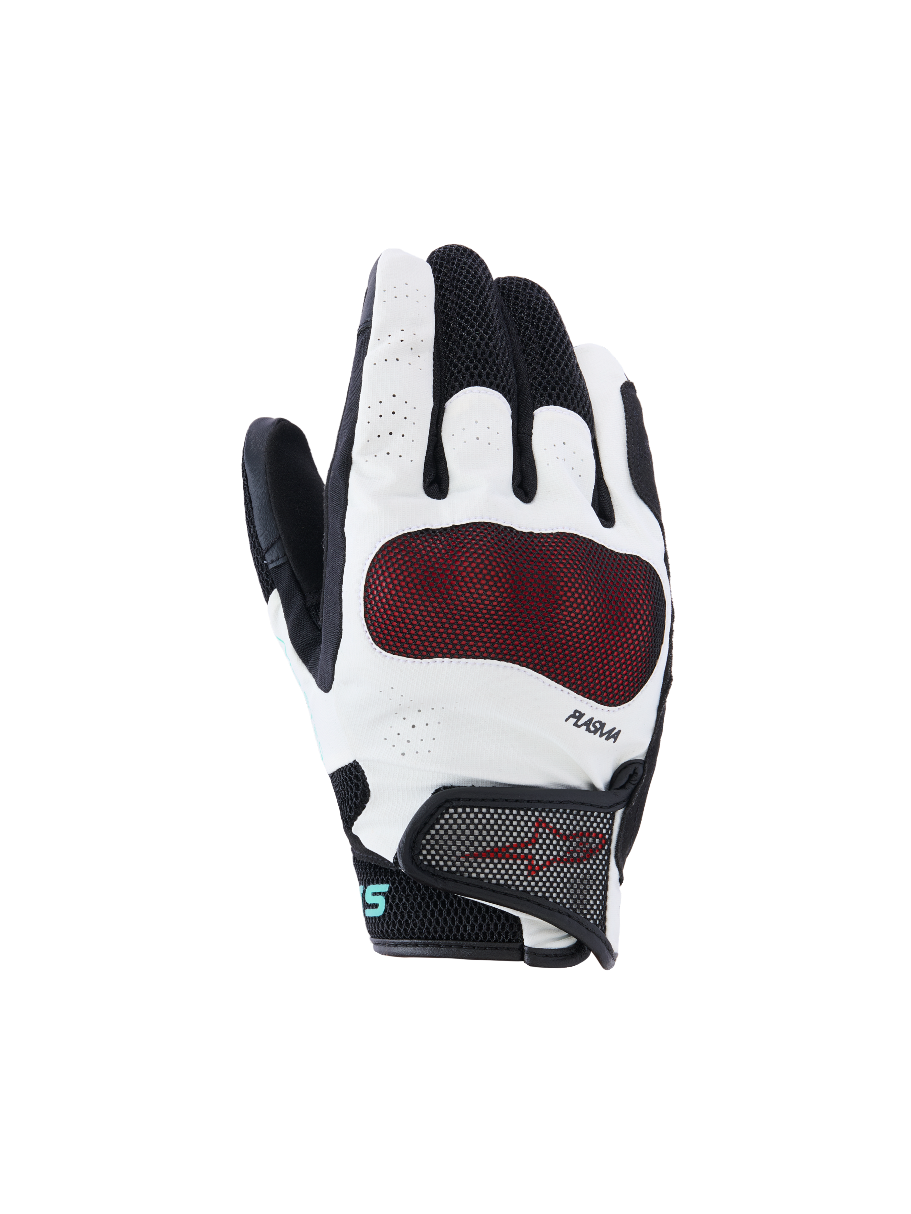 Alpinestars Stella Mogress Airflow, damskie rękawice motocyklowe, czarno-białe z czerwoną osłoną kostek, oddychająca konstrukcja z siatki 3D i perforacjami, technologia PLASMA, miejski design z krótkim mankietem