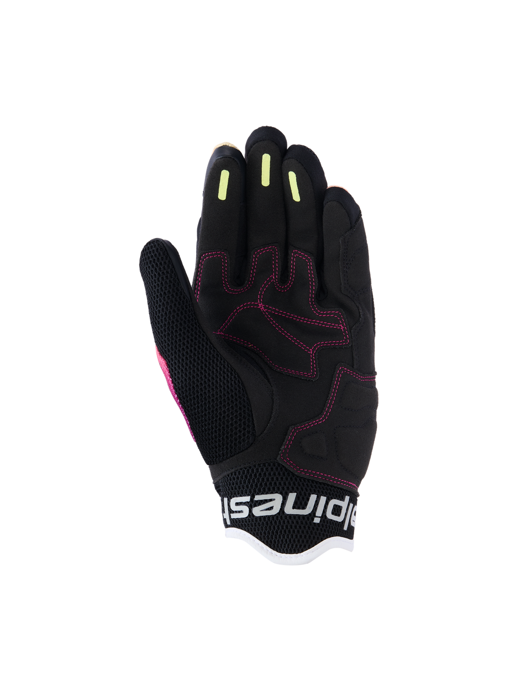 Alpinestars Stella Mogress Airflow Woman, miejskie rękawice motocyklowe, Fading Coral Black, szczegółowy widok dłoni z różowymi przeszyciami, żółtymi silikonowymi paskami na palcach i oddychającą konstrukcją z siateczki.