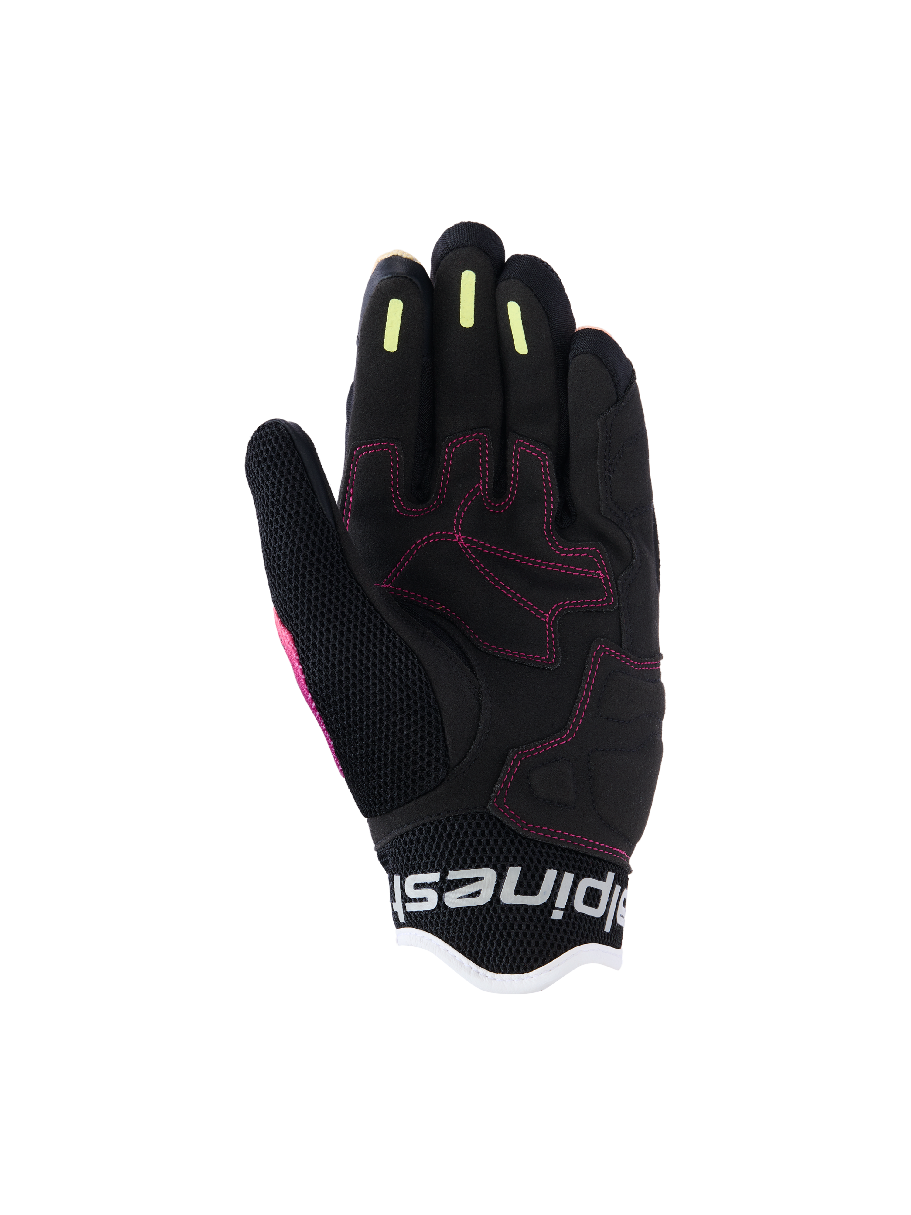 Alpinestars Stella Mogress Airflow Woman, miejskie rękawice motocyklowe, Fading Coral Black, szczegółowy widok dłoni z różowymi przeszyciami, żółtymi silikonowymi paskami na palcach i oddychającą konstrukcją z siateczki.