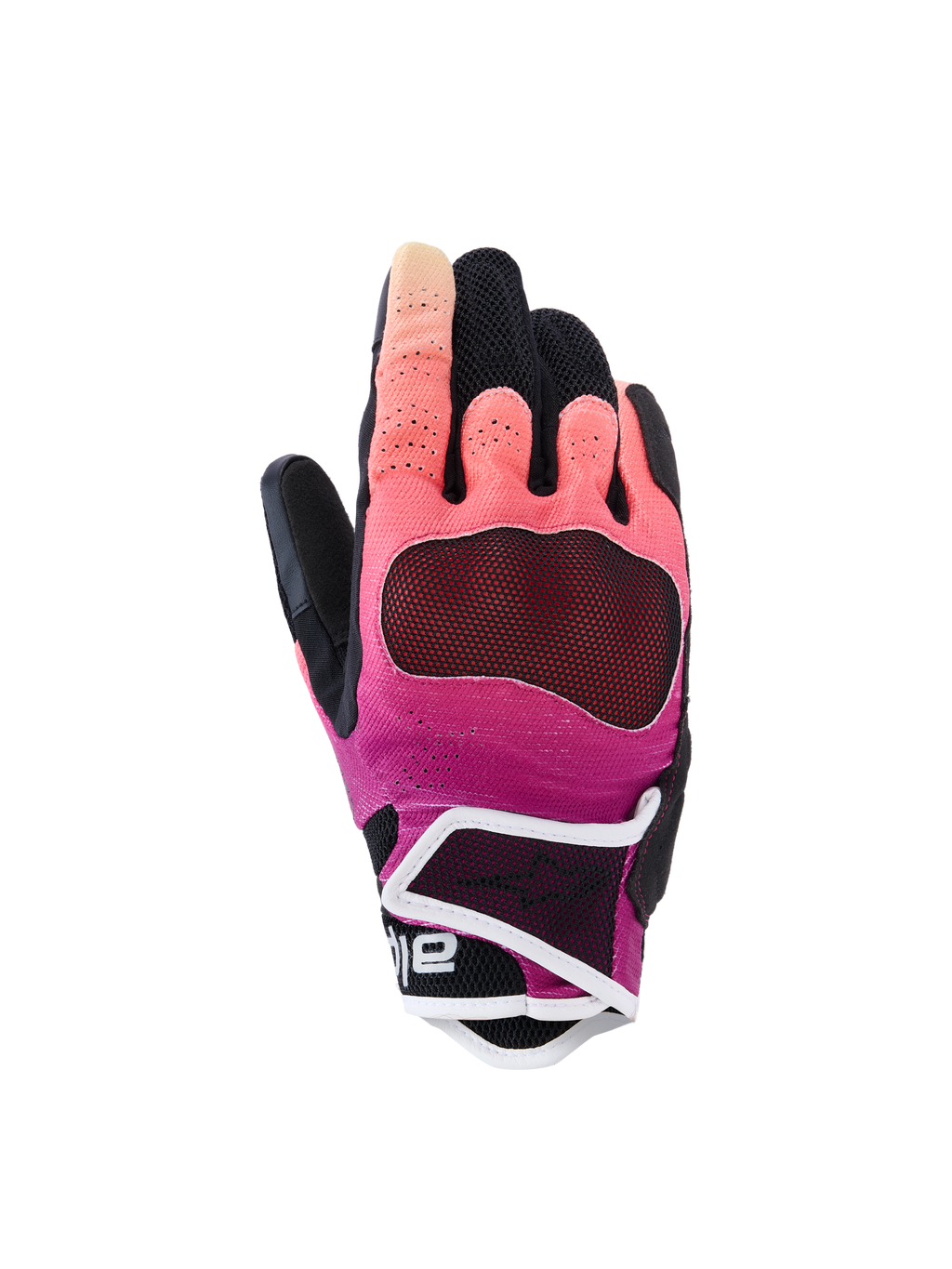 Alpinestars Stella Mogress Airflow Gloves, damskie rękawice motocyklowe, koralowe i czarne z białym wykończeniem, z wentylowanym tekstylnym grzbietem dłoni, laserowo perforowanymi panelami na palcach i ochronnym krótkim mankietem do jazdy miejskiej.