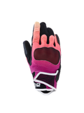 Alpinestars Stella Mogress Airflow Gloves, damskie rękawice motocyklowe, koralowe i czarne z białym wykończeniem, z wentylowanym tekstylnym grzbietem dłoni, laserowo perforowanymi panelami na palcach i ochronnym krótkim mankietem do jazdy miejskiej.