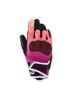 Alpinestars Stella Mogress Airflow Gloves, damskie rękawice motocyklowe, koralowe i czarne z białym wykończeniem, z wentylowanym tekstylnym grzbietem dłoni, laserowo perforowanymi panelami na palcach i ochronnym krótkim mankietem do jazdy miejskiej.