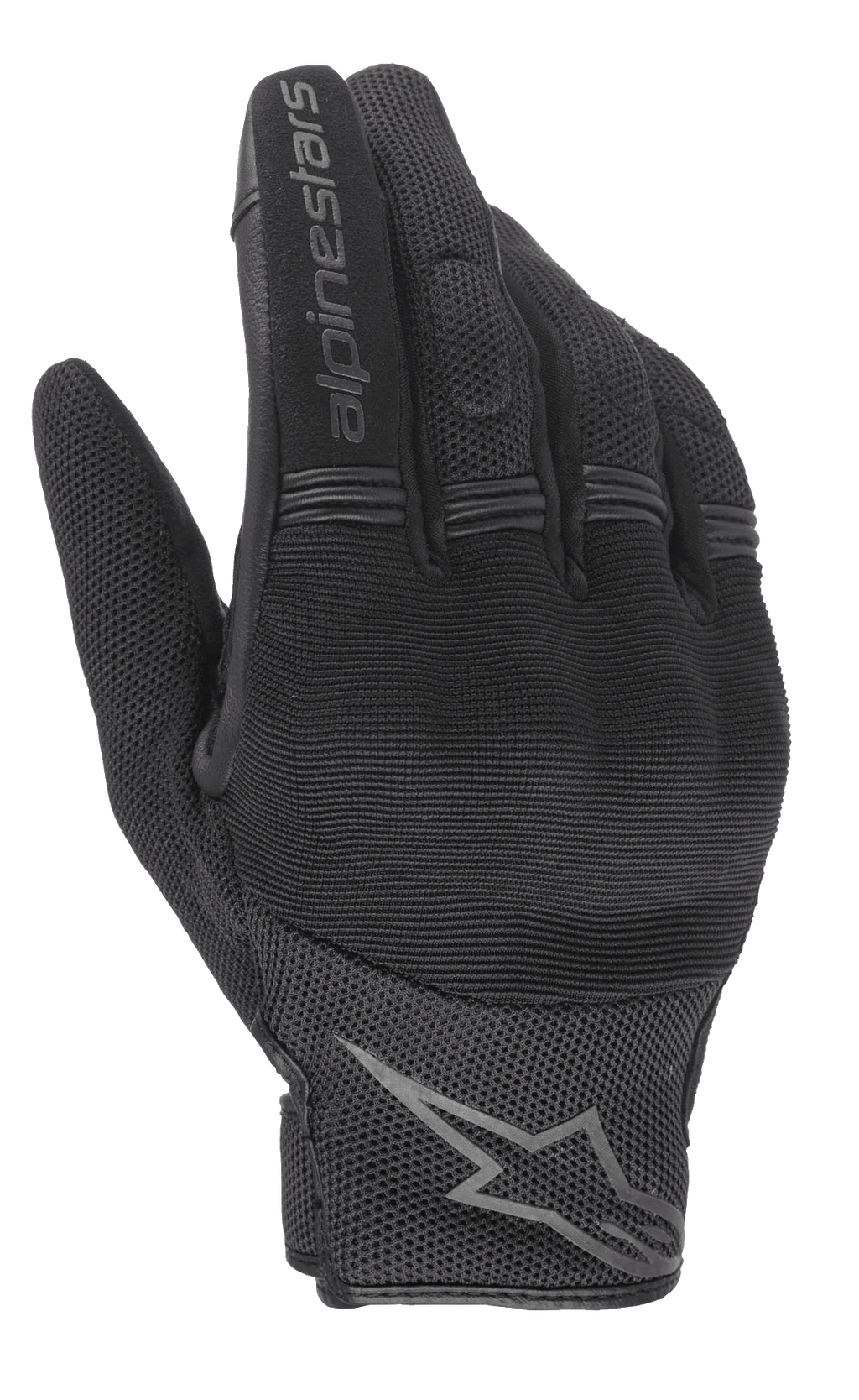 Damskie rękawice Alpinestars Stella Copper, czarne miejskie rękawice motocyklowe, widok z wierzchu dłoni z twardą ochroną kostek, oddychająca tkanina mesh, logo Alpinestars na palcu wskazującym i nadgarstku