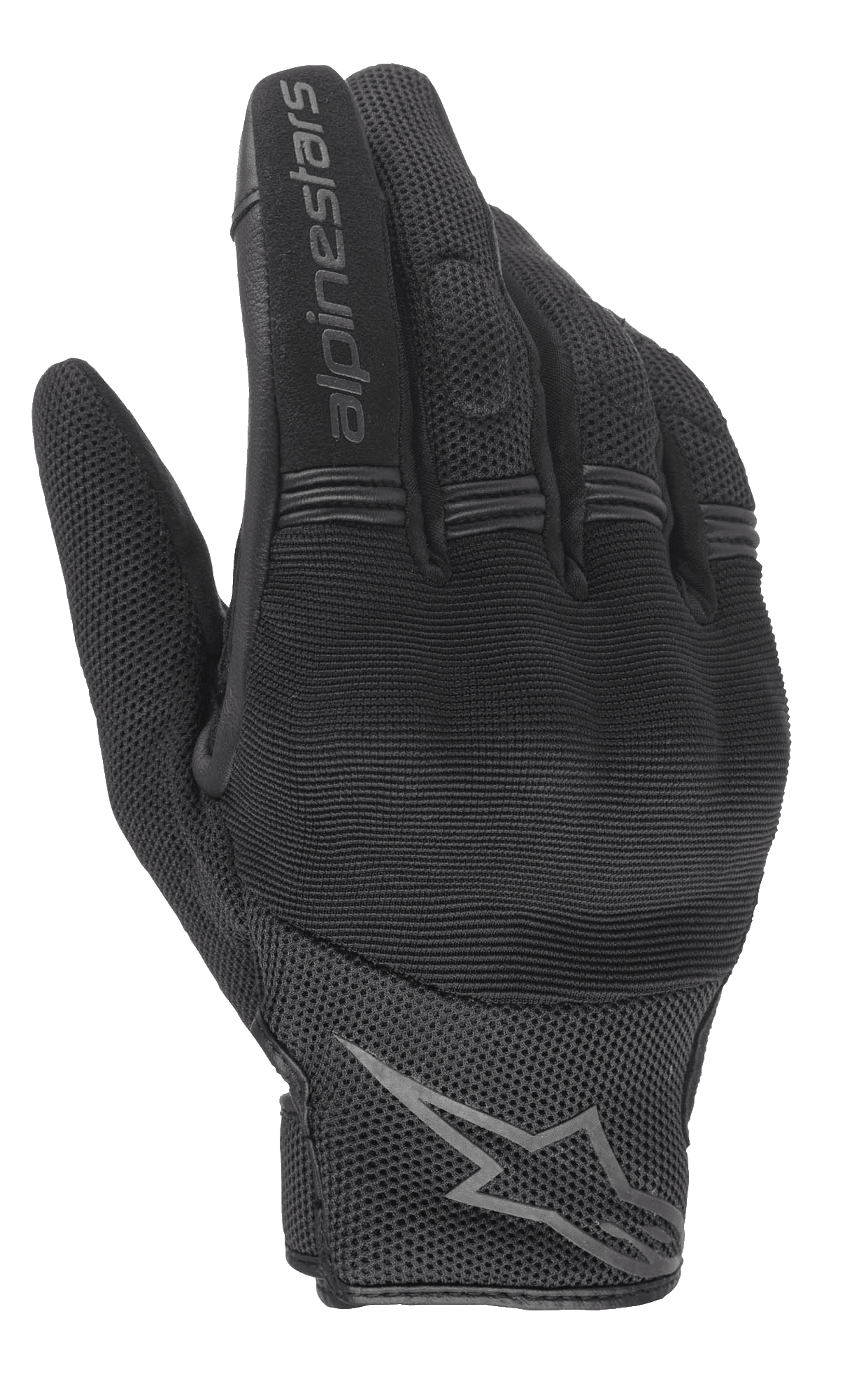 Damskie rękawice Alpinestars Stella Copper, czarne miejskie rękawice motocyklowe, widok z wierzchu dłoni z twardą ochroną kostek, oddychająca tkanina mesh, logo Alpinestars na palcu wskazującym i nadgarstku