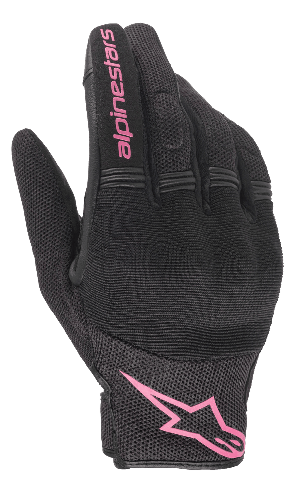 Rękawice Alpinestars Stella Copper, damskie rękawice motocyklowe, czarno-fuksjowe, różowe logo Alpinestars na nadgarstku i napis na palcu, konstrukcja z siateczki i materiału tekstylnego z wyściełanym obszarem kostek, odzież do jazdy miejskiej