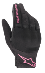 Rękawice Alpinestars Stella Copper, damskie rękawice motocyklowe, czarno-fuksjowe, różowe logo Alpinestars na nadgarstku i napis na palcu, konstrukcja z siateczki i materiału tekstylnego z wyściełanym obszarem kostek, odzież do jazdy miejskiej