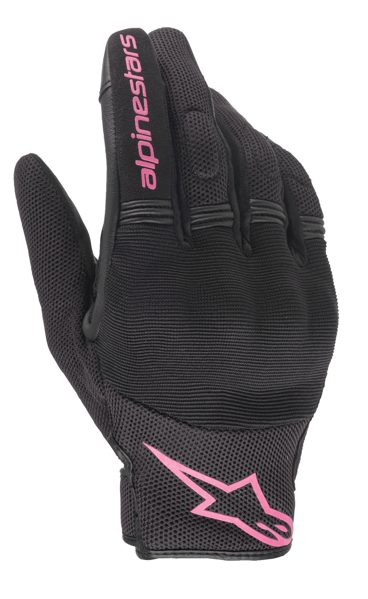 Rękawice Alpinestars Stella Copper, damskie rękawice motocyklowe, czarno-fuksjowe, różowe logo Alpinestars na nadgarstku i napis na palcu, konstrukcja z siateczki i materiału tekstylnego z wyściełanym obszarem kostek, odzież do jazdy miejskiej