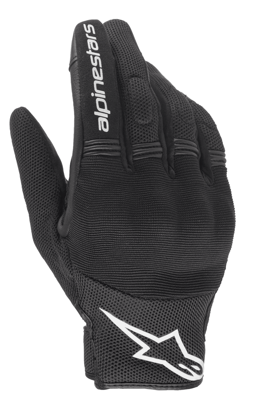Alpinestars Stella Copper Women's Gloves, damskie rękawice, czarno-białe, widok na grzbiet dłoni z siateczkową konstrukcją i twardym ochraniaczem kostek pod spandeksem, biały napis Alpinestars na palcu wskazującym i logo na nadgarstku, krótkie miejskie rękawice motocyklowe