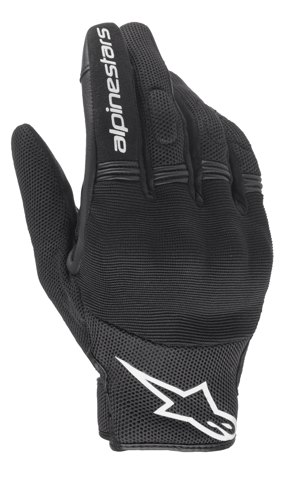 Alpinestars Stella Copper Women's Gloves, damskie rękawice, czarno-białe, widok na grzbiet dłoni z siateczkową konstrukcją i twardym ochraniaczem kostek pod spandeksem, biały napis Alpinestars na palcu wskazującym i logo na nadgarstku, krótkie miejskie rękawice motocyklowe
