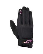 Alpinestars Stated Women's Gloves, Urban Motorcycle Gloves, Black with Pink and Yellow gradient logo, textured airprene backhand, Velcro wrist strap, lightweight and breathable summer gear